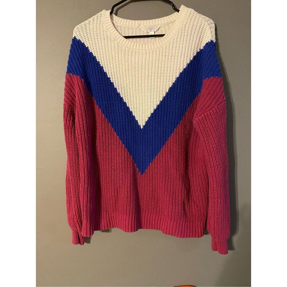 Time & Tru Women Multicolor Cotton Scoop Neck Long Sleeve Knit Sweater L